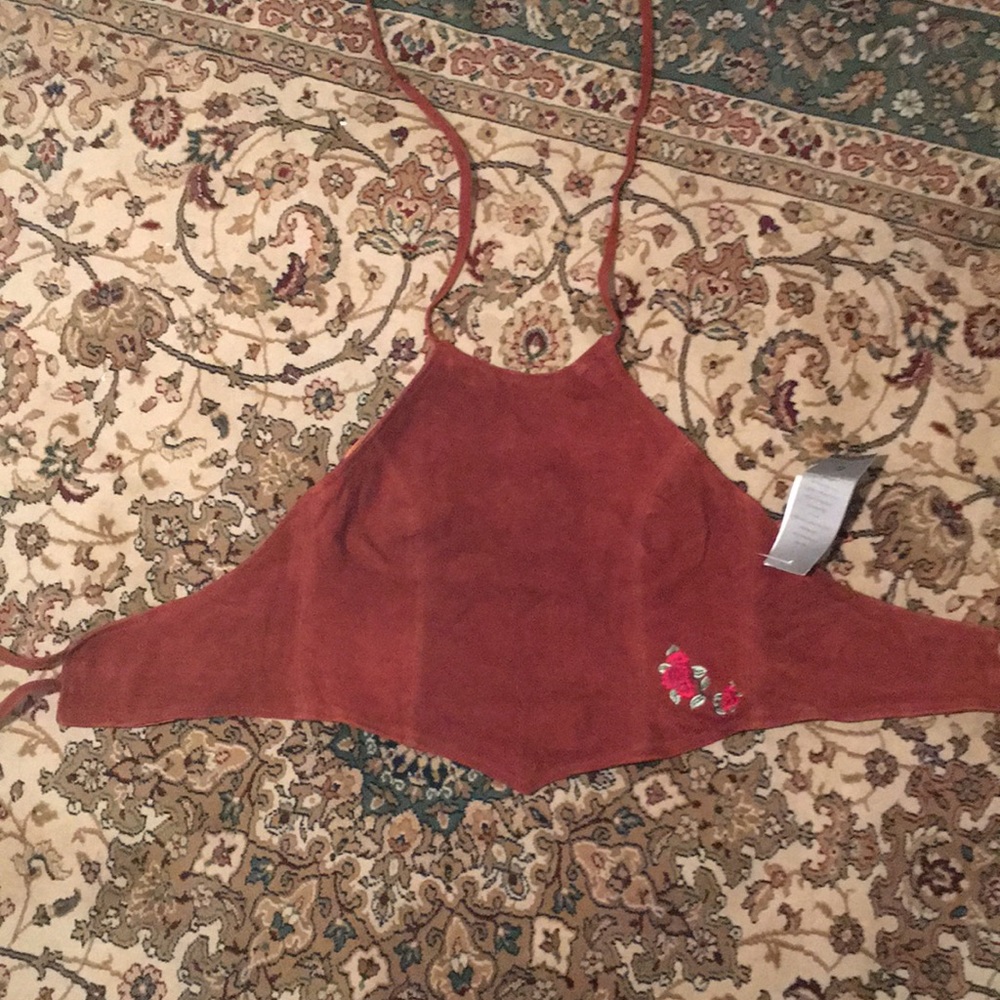 Vintage suede top!  Rose 🌹 embroidered.  Halter